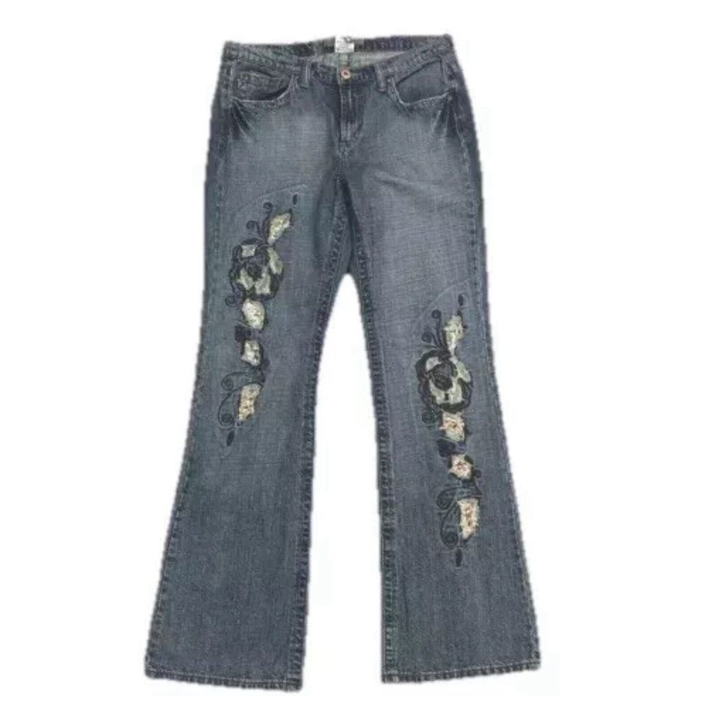 Vintage Z Cavaricci Womens Jeans 10 Distressed Embroidered Sequin Straight Y2K